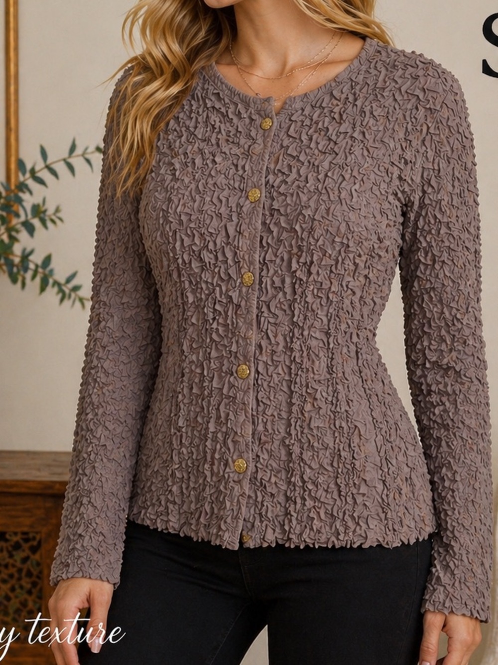 Textured Taupe Button-Front Women's Cardigan Sweater